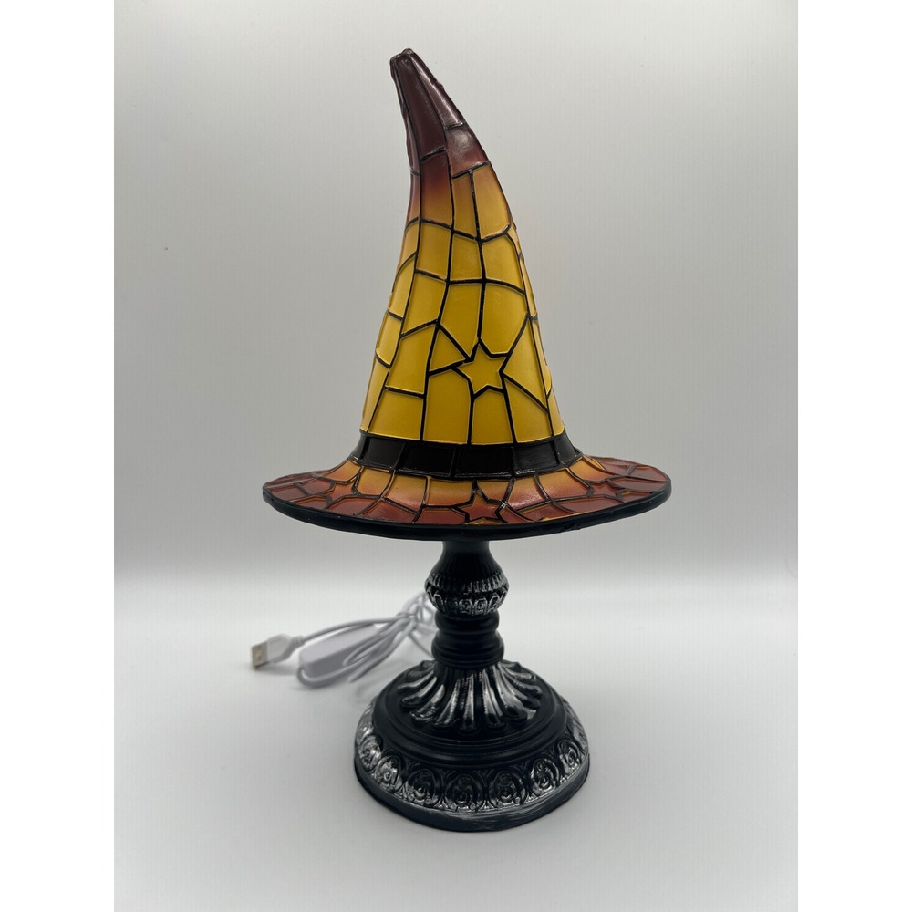 Stained Glass Witch Hat Lamp USB Powered Halloween Decor Gothic Accent Light